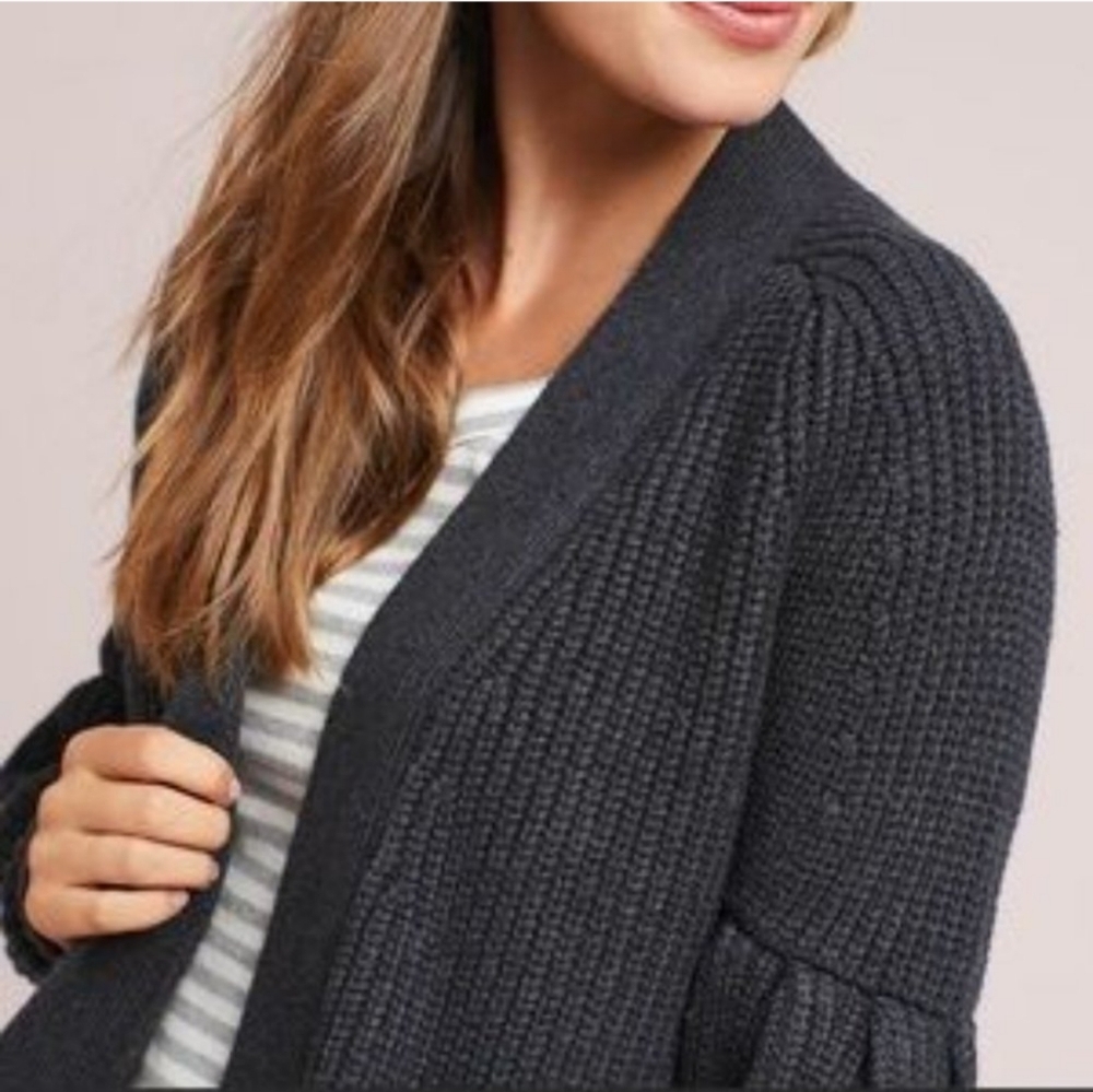 ANTHROPOLOGIE KNITTED & KNOTTED DARK Gray MAJELLA Open Front WOOL BLEND CARDIGAN - Picture 15 of 16